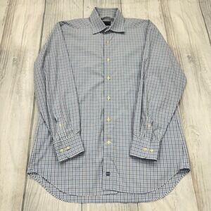 David Donahue Button Shirt 15.5 34/35 Blue‎ Plaid Work Dress Mens